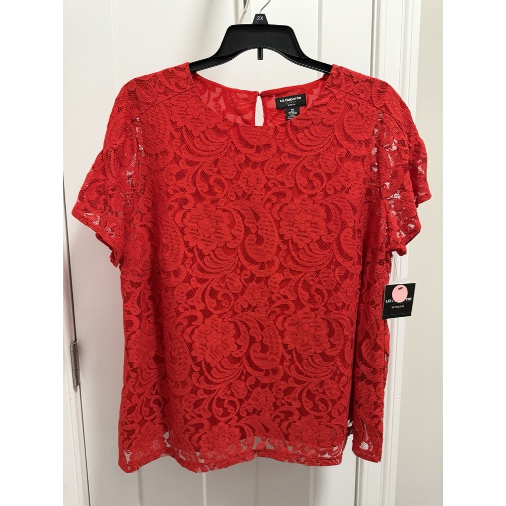 Liz Claiborne Red Floral Lace Lined Pullover Blouse Round Neck 2X Plus